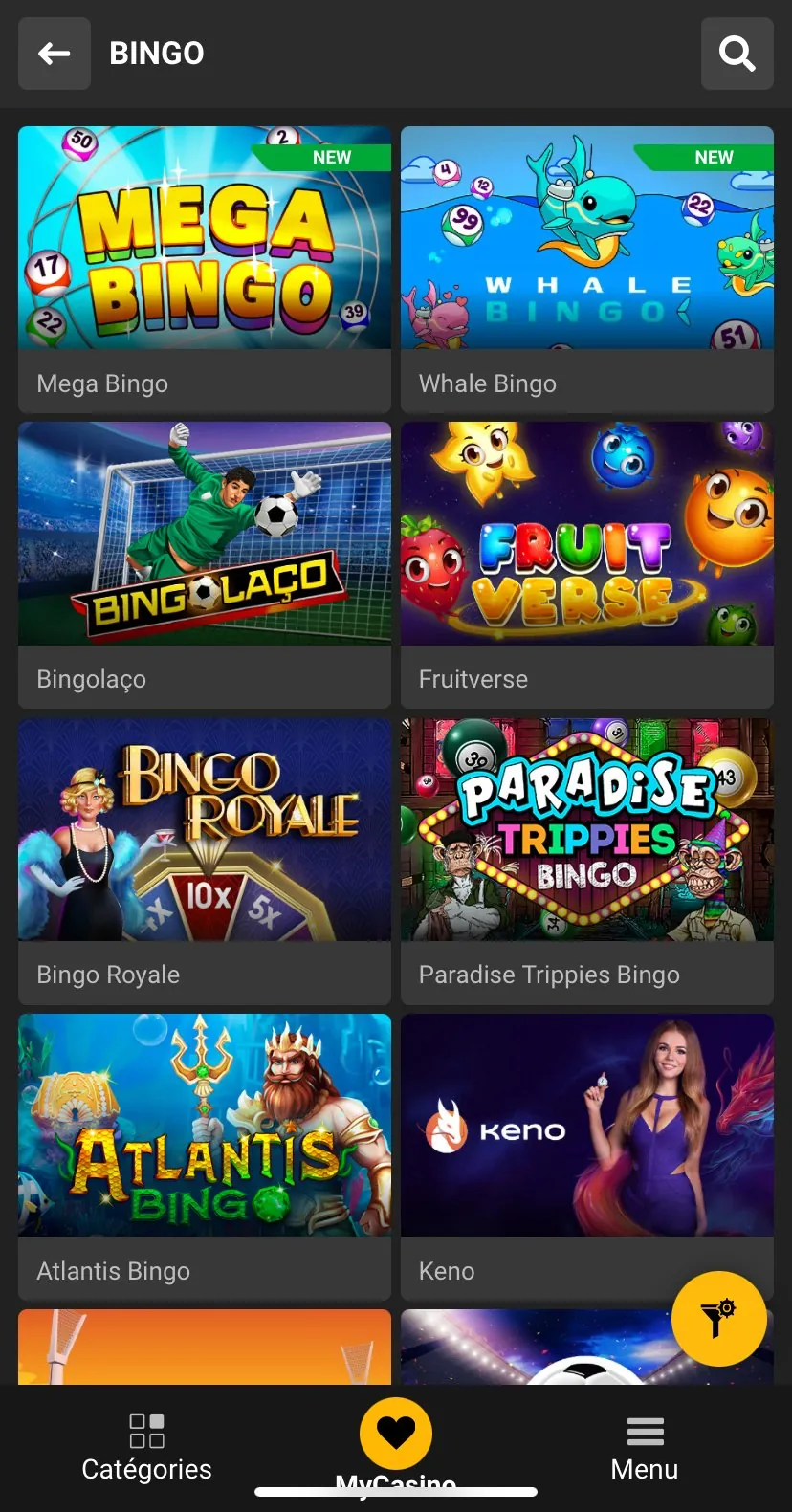 page des jeux de bingo melbet